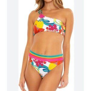 Trina Turk Sz 10 Bikini Fontaine One Shoulder Bandeau Tropical Retro Resortwear